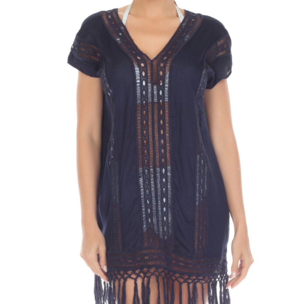 NWT Raviya Women's Raviya Crochet Fringe Cover-up Dress Navy Size M $60 LLL496
